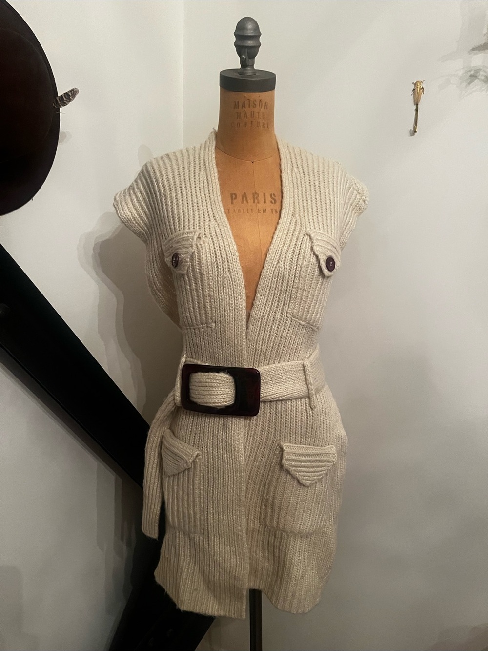Miss Sixty Diamond Cream Ribbed Knit Mini top with Statement Belt